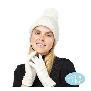 Tigerstars Ivory Pearly Pom Pom Beanie Hat Gloves Set